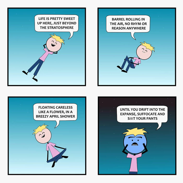 Comic panels from Captain Sticky showing a character floating and humorously drifting into a supernatural space scenario.