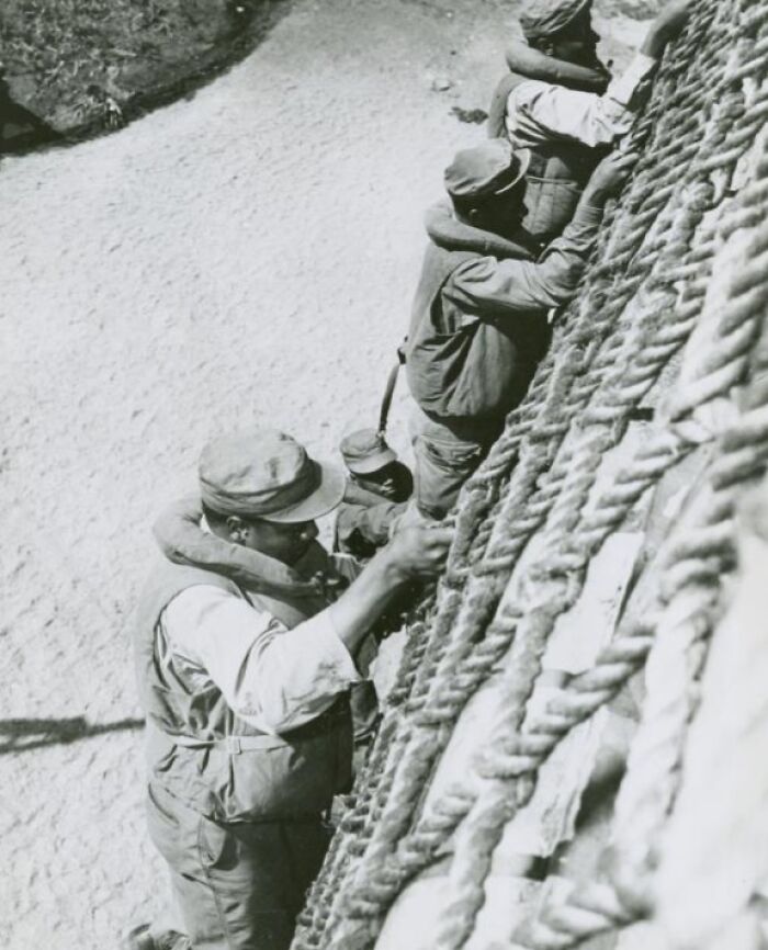 African American soldiers in uniform climbing a rope net during military training in a historical black and white photo.