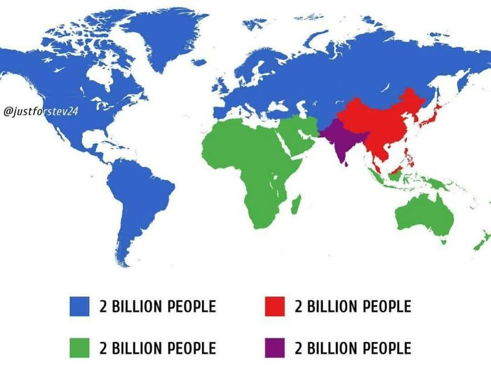 World population distribution map showing regions with 2 billion people highlighted in blue, green, red, and purple colors.