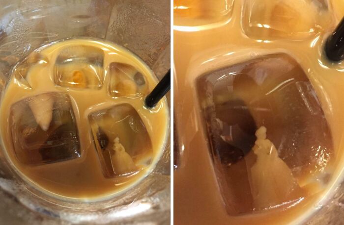 Ice cubes in a creamy coffee reveal a one-in-a-million coincidence with a figure resembling a tiny person inside the ice.