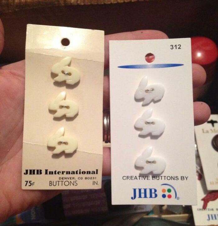 Two vintage sets of bunny-shaped buttons on cards, illustrating one-in-a-million coincidences in design and packaging.