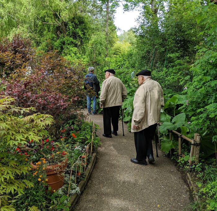Two elderly men wearing similar beige jackets and black hats walking in a lush green garden, a rare one-in-a-million coincidence.