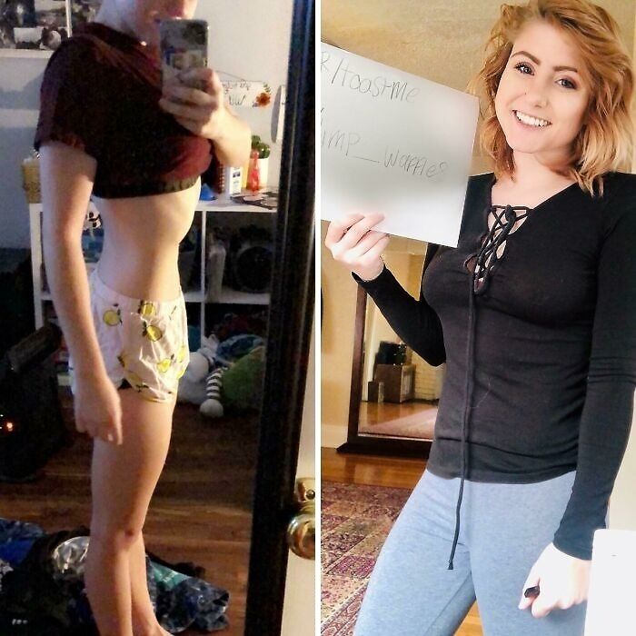 Side-by-side photos of a woman taking a mirror selfie and holding a toast me sign, showcasing positive internet toasts.