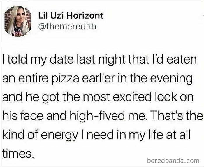 Tweet text about a date reacting with excitement and a high-five, showcasing wholesome memes with an unexpected positive twist.