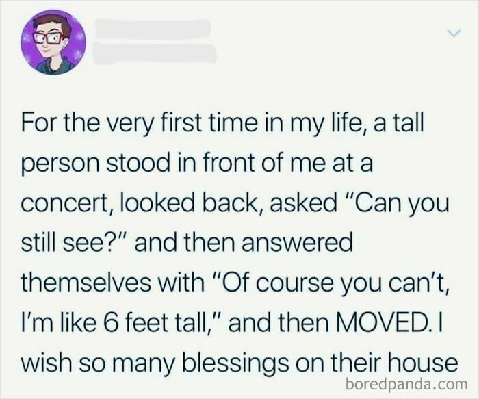 Screenshot of a wholesome meme about a tall person kindly moving at a concert, showcasing unexpected wholesome memes.