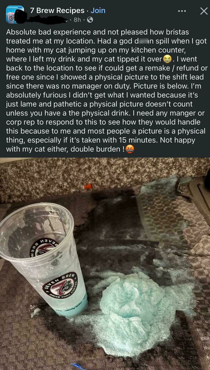 Spilled drink on carpet with blue foam, accompanying a social media post about entitled customer complaints.
