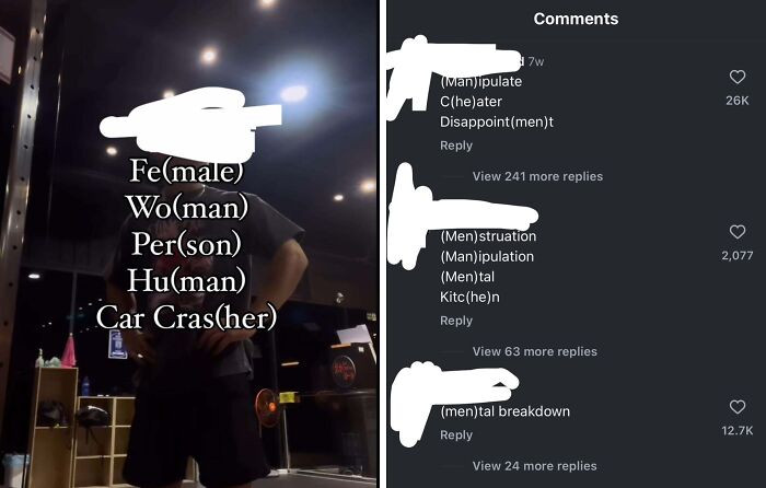 Person with text highlighting wordplay on man and woman, with social media comments showing confusion and frustration on bacteria concept.