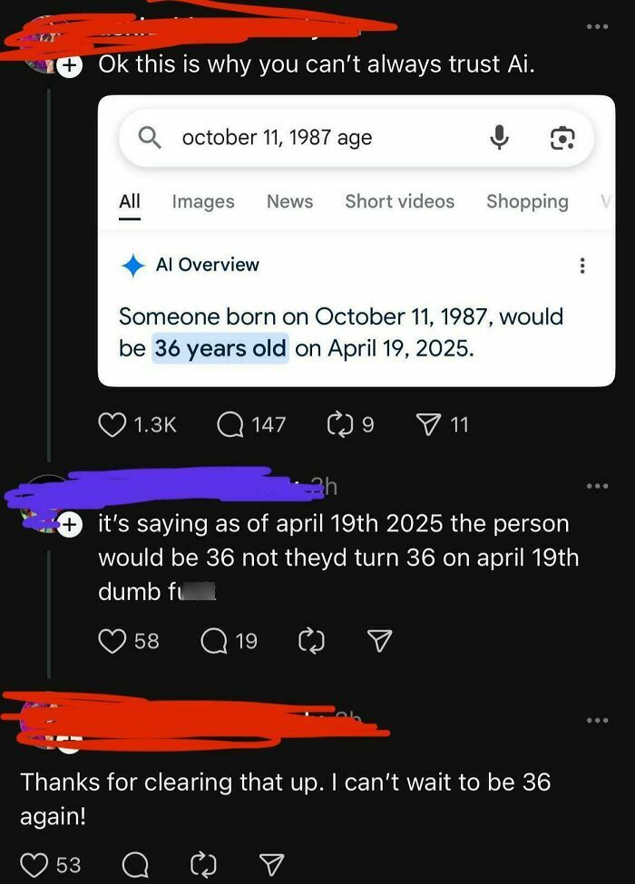 Screenshot of a social media thread showing confusion over AI age calculation, illustrating how brains gave up on thinking.