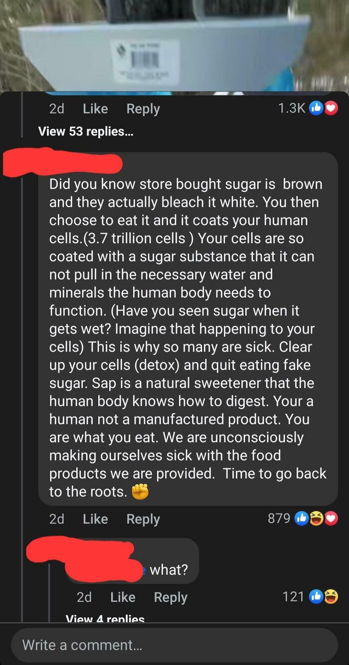 Social media comment discussing sugar's effects on human cells, featured in bacteria don’t exist brain fail post.