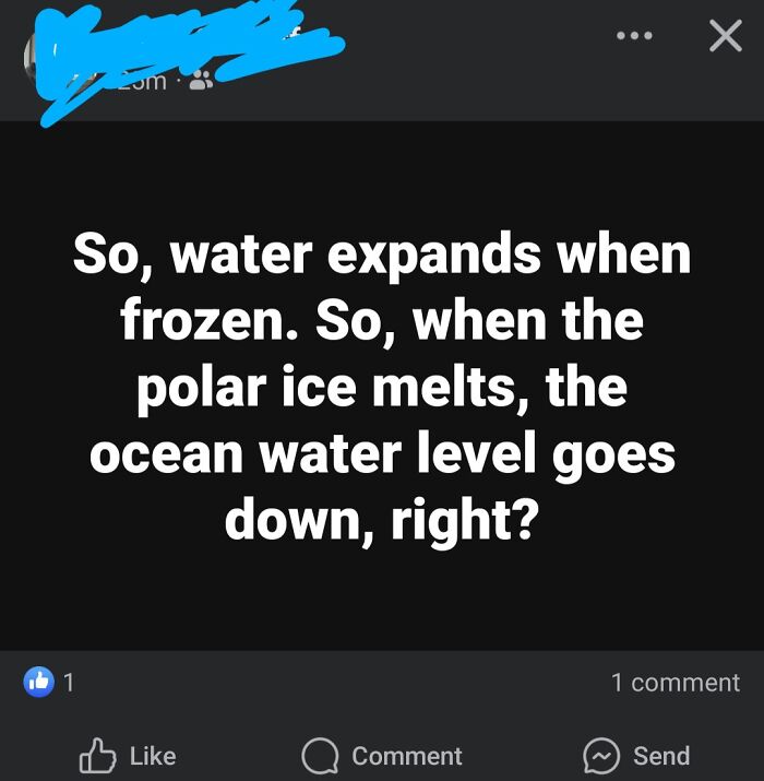 Screenshot of a social media post showing a misconception about water expanding when frozen and ocean levels dropping.