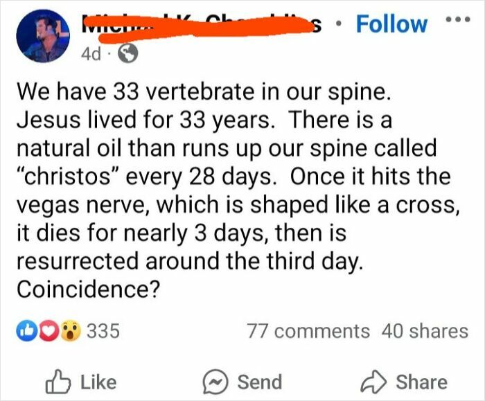 Screenshot of a social media post with a misleading claim linking the spine, Jesus, and the vegas nerve.