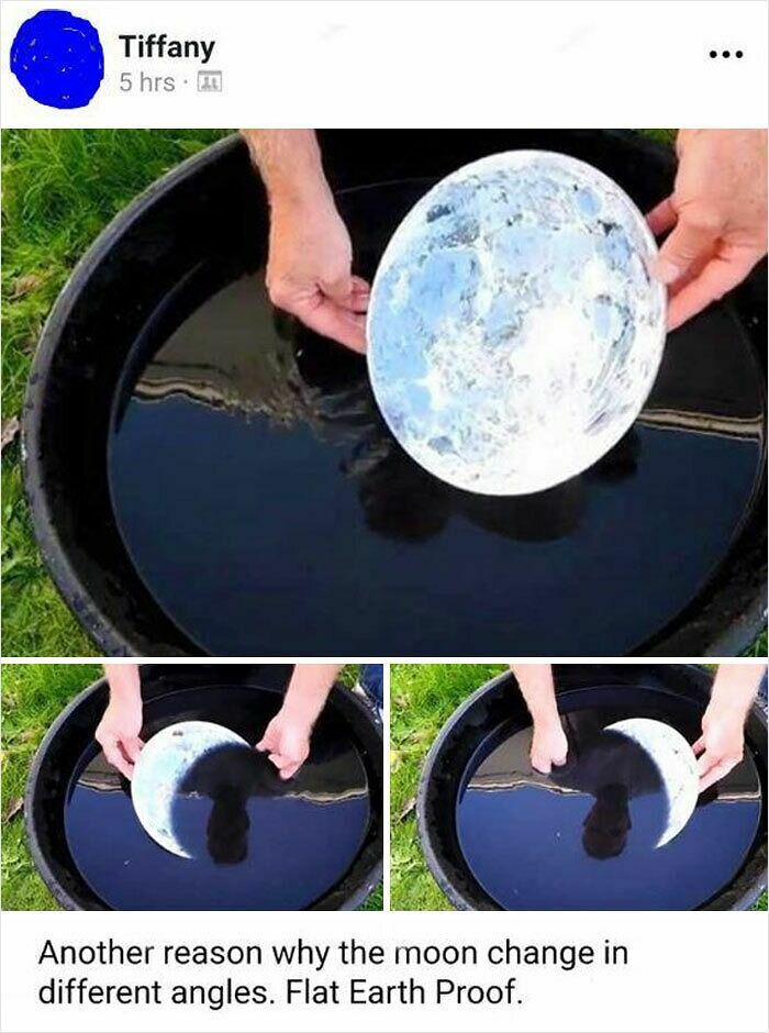 Person holding a moon model over water showing changing reflections, illustrating a flat Earth misconception.