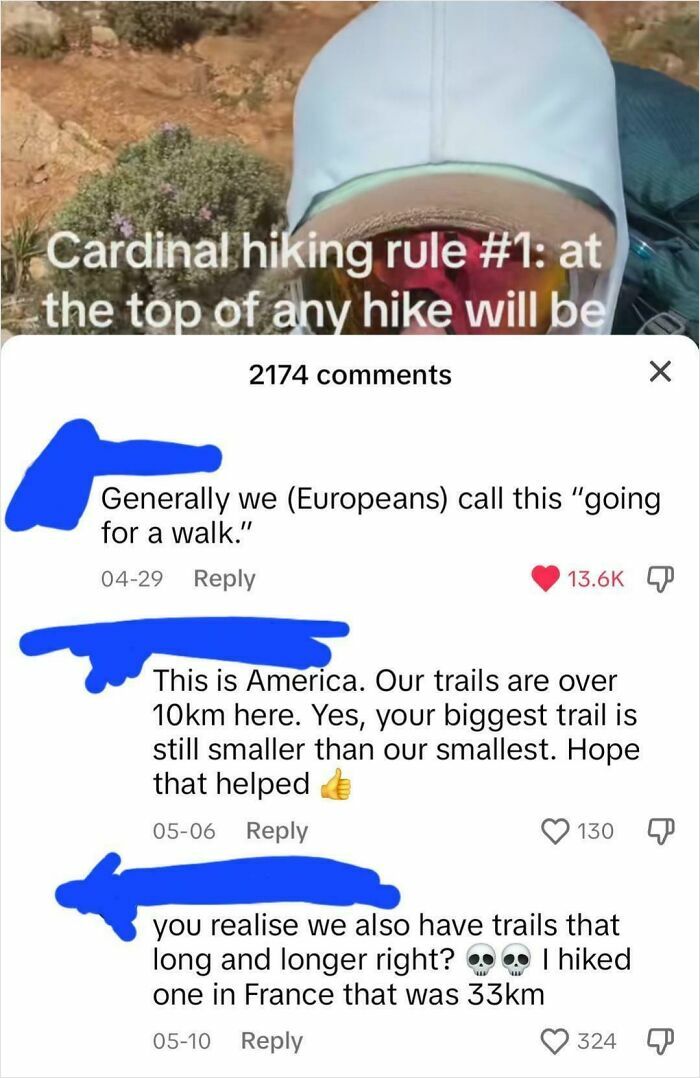 Social media hiking debate showing ignorance of Americans about trail lengths and European walking terms.