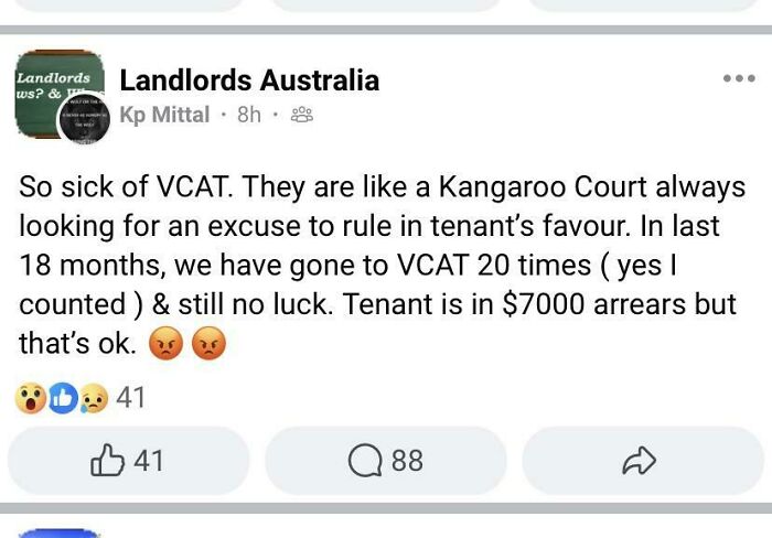 Social media post expressing frustration with tenant disputes and landlord challenges in renting situations.