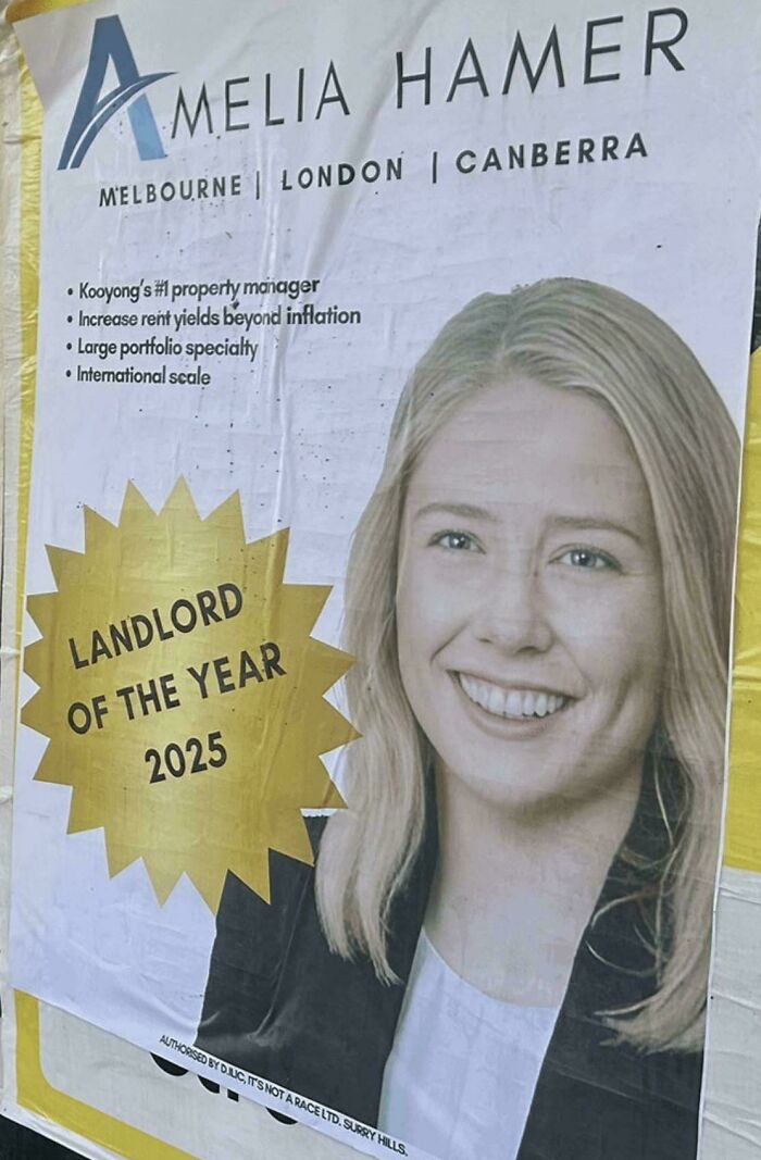 Photo of a woman on a landlord award poster, ironically linked to bad landlords who made renting a total nightmare.