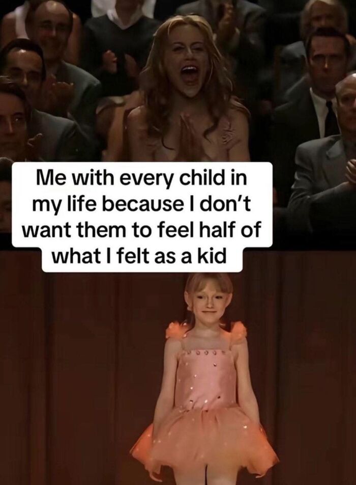 Woman clapping joyfully in an audience above text about children, with a girl in a pink dress standing on stage below.