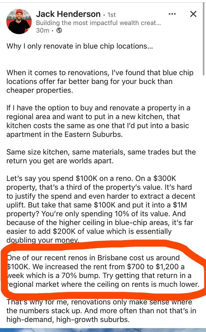 Post about property renovations and rent increase, highlighting challenges faced by bad landlords in managing rental properties.