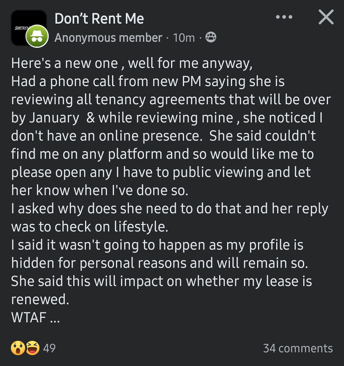 Screenshot of a social media post describing a bad landlord demanding tenant’s online profile for lease renewal review.