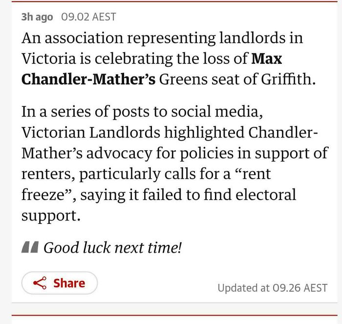 Screenshot of a news article discussing landlords in Victoria and issues related to renters and rent freeze policies.