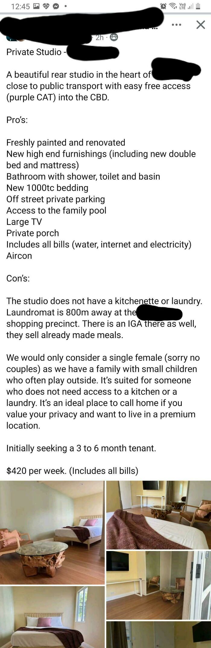 Rental listing with high weekly rent, limited amenities, and strict tenant requirements illustrating bad landlords and renting struggles.