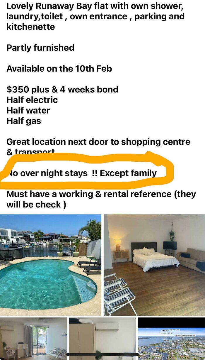 Rental listing with strict no overnight stays rule highlighted, illustrating bad landlords making renting a total nightmare.