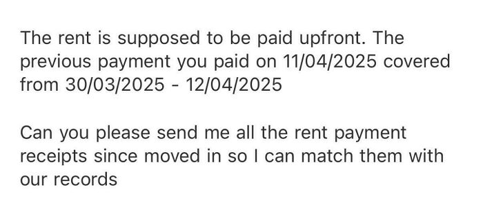Email text showing a landlord demanding rent receipts, illustrating bad landlords who made renting a total nightmare.