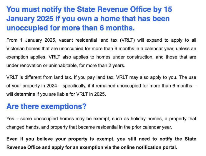 Text-based image with information about notifying the State Revenue Office regarding vacant land tax for unoccupied homes.