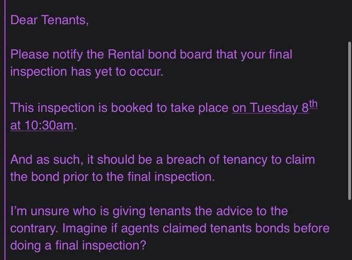 Screenshot of a landlord's text message about rental bond inspection causing frustration among tenants with bad landlords.
