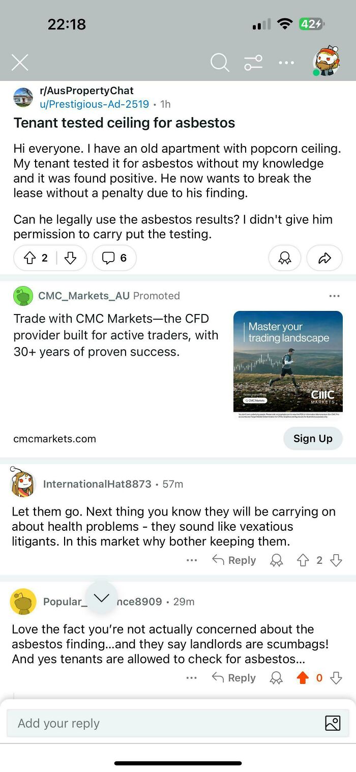 Reddit discussion about a tenant testing ceiling for asbestos without landlord permission in a bad landlord renting nightmare scenario.