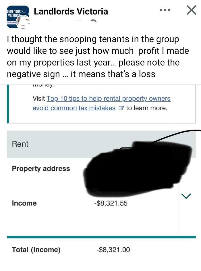 Screenshot of a landlord showing a rental property loss of over eight thousand dollars, highlighting bad landlords in renting.