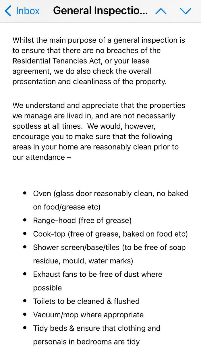 Screenshot of a general inspection email listing cleaning requirements, highlighting bad landlords making renting a nightmare.