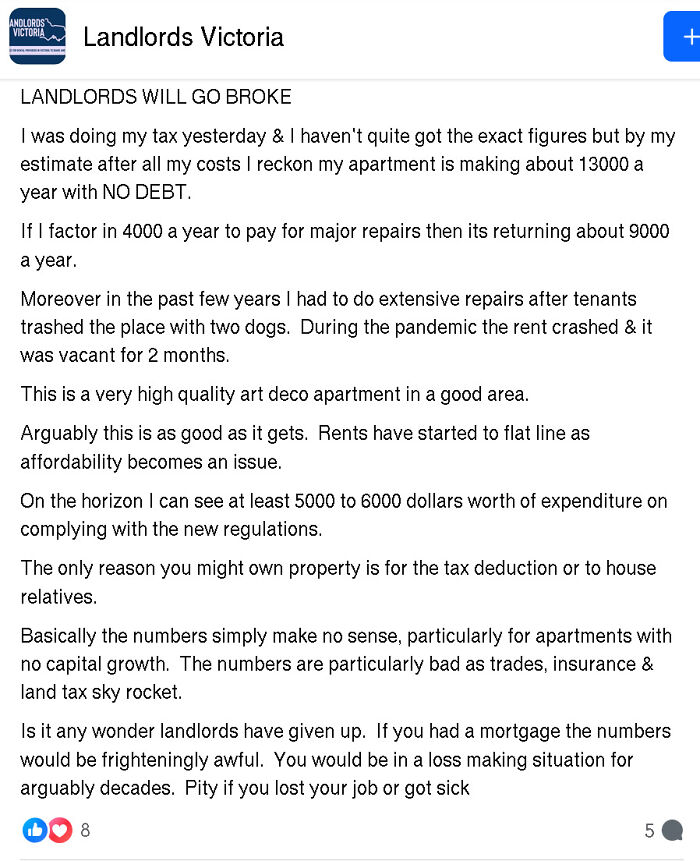 Post from Landlords Victoria discussing financial struggles and repairs, illustrating bad landlords and renting nightmares.