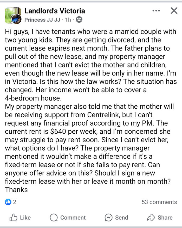 Landlord asking for eviction advice on tenants facing divorce and rent payment issues in a challenging rental situation.