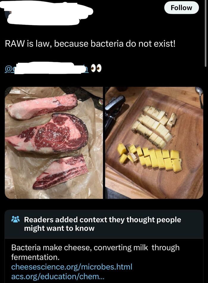 Raw meat and cheese pieces shown with a tweet denying bacteria existence, highlighting misconceptions about bacteria.