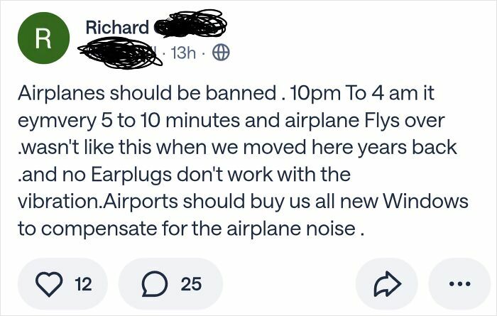 Social media post complaining about frequent airplane noise and ineffective earplugs causing disturbance at night.