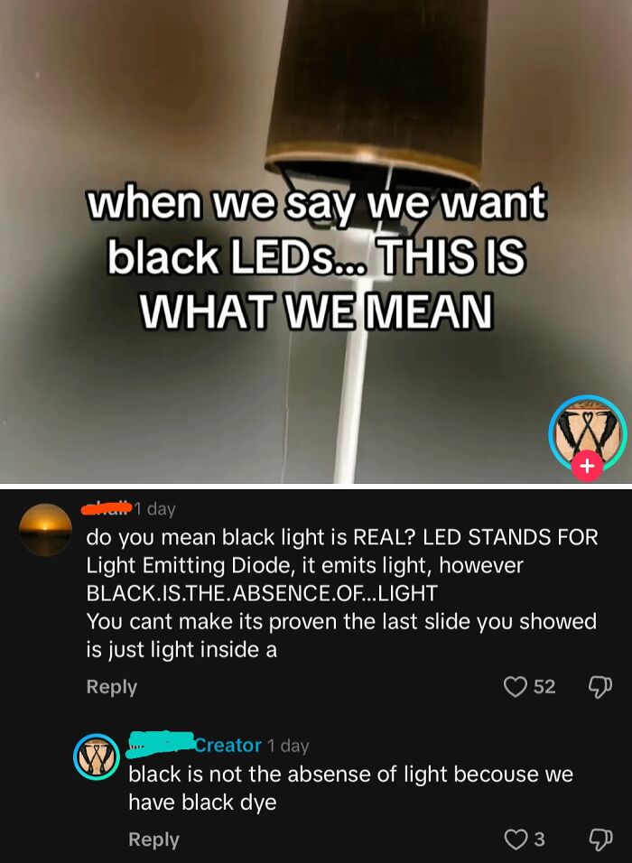 Screenshot of a debate about black LEDs and light, illustrating misconceptions in people's thinking about bacteria and science.
