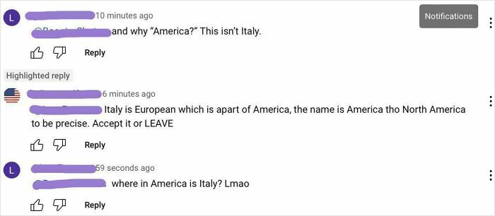 Screenshot of an online comment debate showing confusion over geography with a mention of America and Italy.