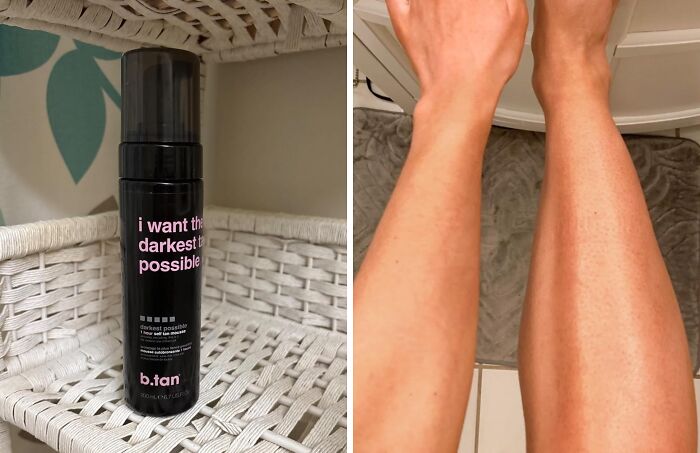 b.tan tanning mousse bottle next to arms showing results of Amazon hidden gems beauty product review