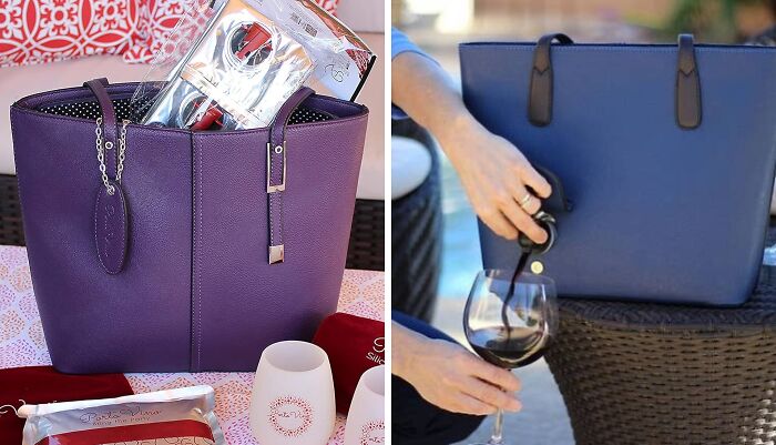 Purple and blue leather tote bags shown as Amazon hidden gems with accessories and wine glass outdoors and indoors.