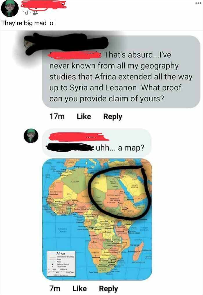 Social media exchange questioning Africa’s geography with map showing countries near Syria and Lebanon circled.