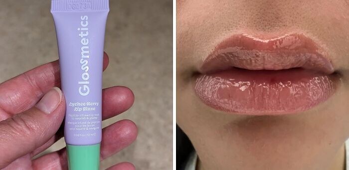 Glossmetics Lychee Berry lip plumper held in hand next to close-up of glossy, hydrated lips showing hidden gems from Amazon finds.