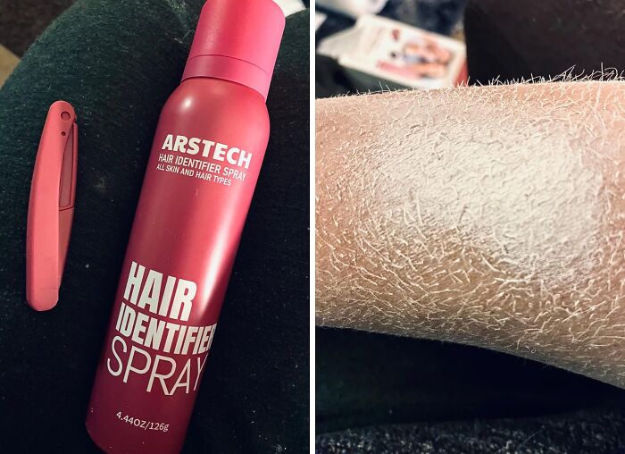 Red ARSTECH hair identifier spray bottle next to a tool and close-up of arm with visible hair, showcasing Amazon hidden gems.