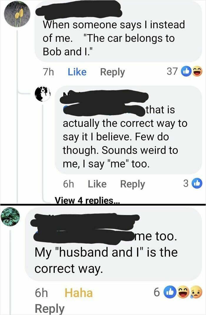 Facebook comments arguing about the correct grammar usage of "Bob and I" versus "Bob and me" in a humorous context.