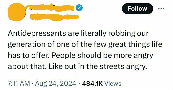 Tweet claiming antidepressants rob our generation of great things in life, showing a clear example of brains giving up on thinking.