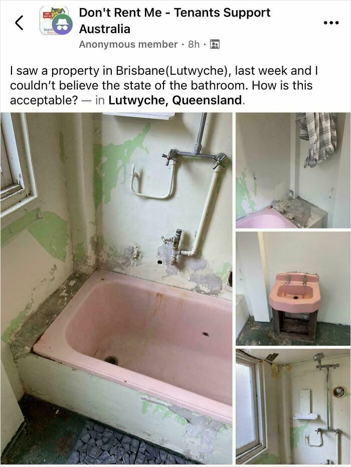 Deteriorated bathroom with peeling walls, old fixtures, and poor maintenance showing bad landlords in rental properties.