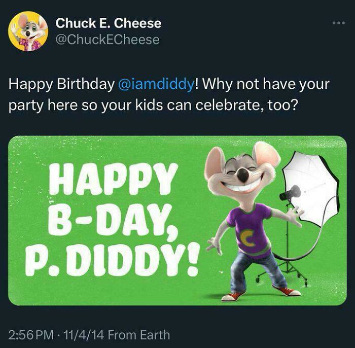Screenshot of Chuck E. Cheese Twitter wishing P. Diddy happy birthday, an example of facepalm-worthy screenshots that aged poorly.
