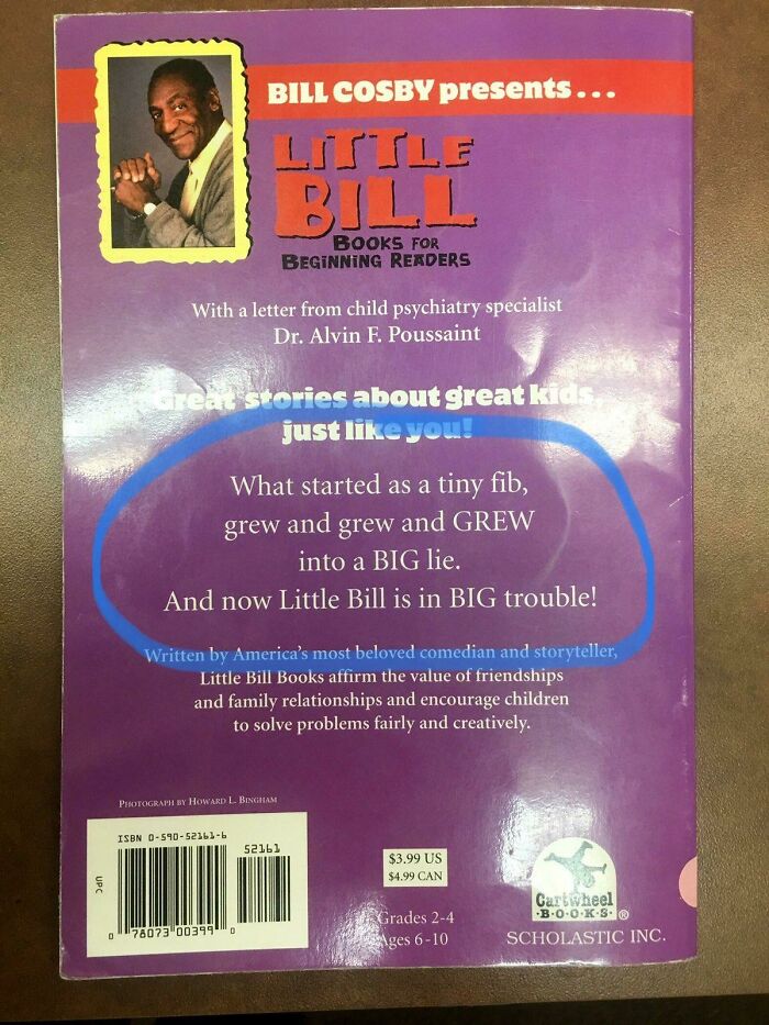 Back cover of a children's book featuring a facepalm-worthy text about a fib growing into a big lie, aged like milk.