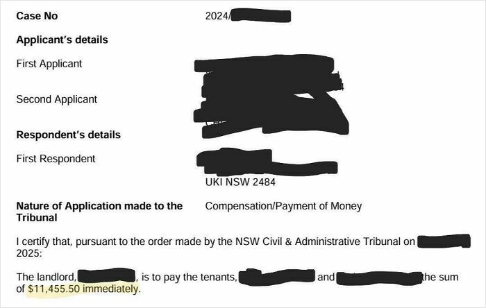 Legal document showing landlord ordered to pay tenants $11,455 in a compensation case involving bad landlords and renting disputes.