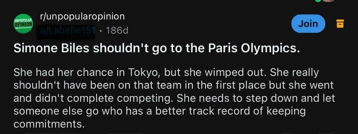 Reddit screenshot from r/unpopularopinion with a facepalm-worthy comment about Simone Biles and the Olympics.