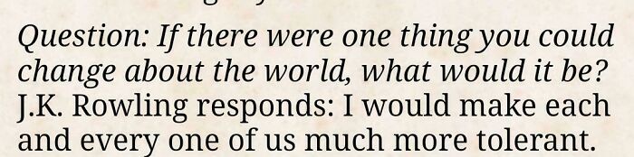 Close-up of printed text showing a humorous, facepalm-worthy question and answer about changing the world’s tolerance levels.